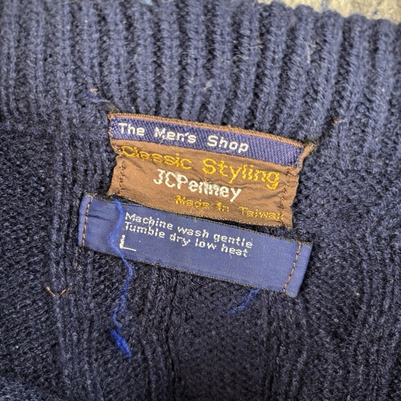 Vintage JC Penney Sweater Mens L Navy Nordic Fair Isle Cable Knit Pullover 80s - Picture 3 of 6